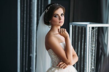 Gelin hazırlama bir düğün gününde. Beyaz lüks elbiseli, küpe, makyaj ve saç modeli karanlık bir stüdyoda poz güzel esmer kız. Evlilik ve aile kavramı.