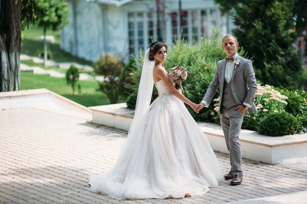 Nygifta vandrar utomhus på en bröllopsdag. Brudgummen i en grå kostym med vit skjorta och en fluga håller en vacker brud i hennes hand med en lyxig vit klänning med slöja. Flicka med make — Stockfoto