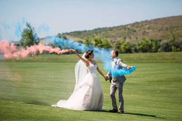 Gli sposi con bombe fumogene su un campo con erba verde. Sposi che camminano all'aperto il giorno del matrimonio. Ragazza in abito bianco lungo di lusso e uomo in abito grigio business . — Foto Stock