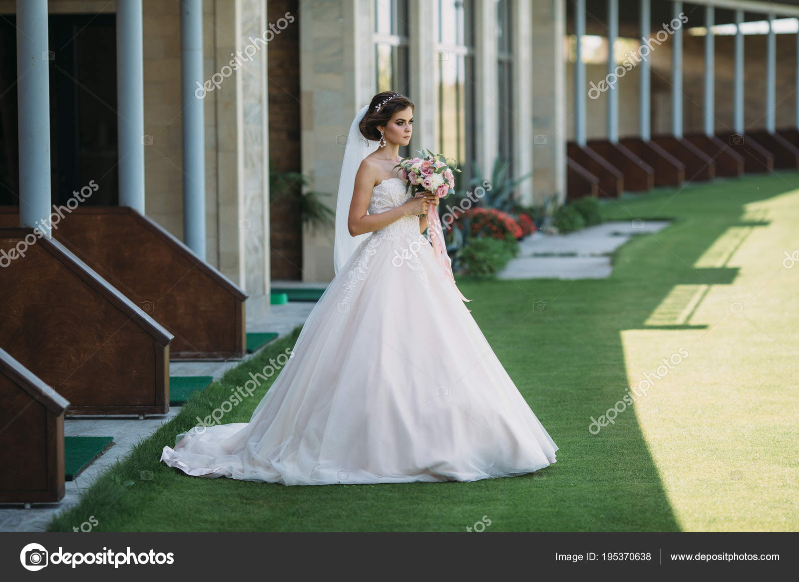 Beautiful Bride In Luxury Fashion White Wedding Dress With Veil On