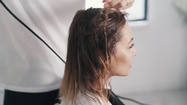 De cerca, la peluquería seca el cabello húmedo de la mujer con secador de pelo, el cliente utiliza móviles — Vídeos de Stock