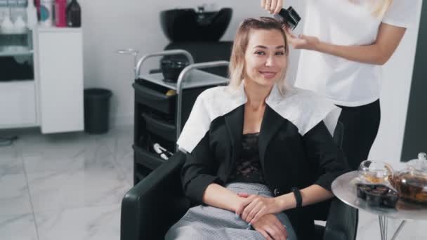 El primer plano de las manos de peluquero aplicando la máscara para el cabello en el cabello de la mujer joven — Vídeos de Stock