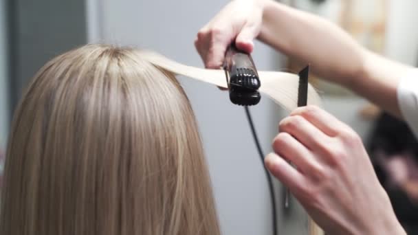 Close, cabeleireiro styling longo loira mulher cabelo com alisador de cabelo — Vídeo de Stock