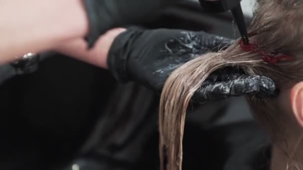 De cerca, peluquero aplica tinte para el cabello en el cabello de la mujer en el salón de belleza — Vídeos de Stock