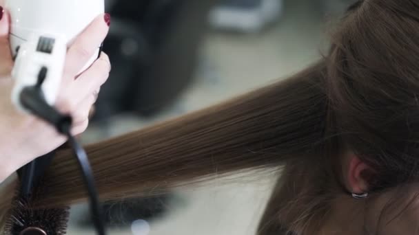 Close up, cabeleireiro seca o cabelo molhado da mulher com secador de cabelo, câmera lenta — Vídeo de Stock