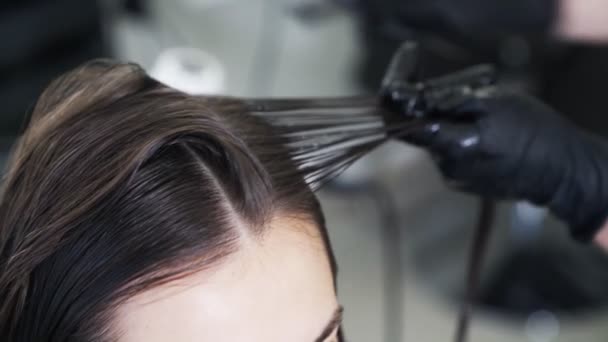 Крупный план, процедура по уходу за волосами, выпрямление кератина в салоне красоты — стоковое видео