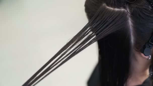 Gros plan, les mains du coiffeur appliquent de la kératine sur les cheveux de la femme — Video