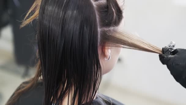 Закройте, руки парикмахера наносят кератин на женские влажные волосы — стоковое видео