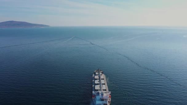 Vista aérea seguindo o navio de carga ultra grande no porto das folhas do mar no por do sol — Vídeo de Stock