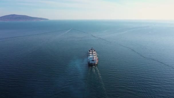 Big long white cargo vessel sails to boundless open ocean — Stockvideo