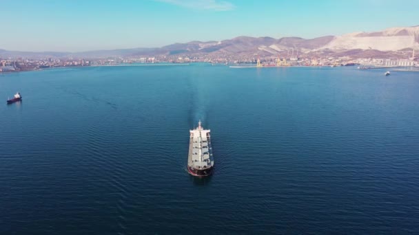 White cargo vessel sails crossing blue ocean against coast — Stockvideo