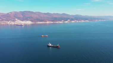 cargo vessels sail on blue ocean surface by mountain range