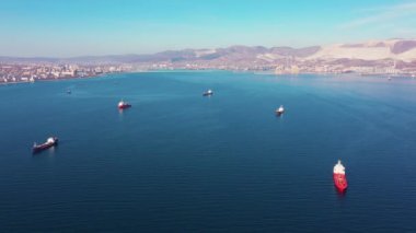 flight above cargo ships sailing in open ocean against coast