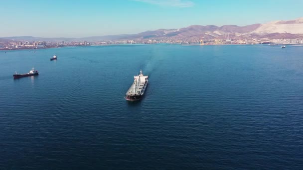 Flycam films long white freight vessel crossing clear water — Stock video