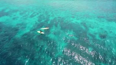 skillful sportsmen practise Stand Up Paddle on azure ocean