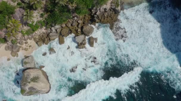 Von oben nach unten Luftaufnahme von azurblauem Wasser, Meereswellen krachen auf wilden Strand — Stockvideo