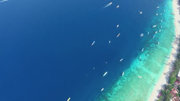 Διαφορετικά σκάφη πλεύσει σε όμορφο απέραντο γαλάζιο του ωκεανού νερού, εναέρια άποψη — Αρχείο Βίντεο