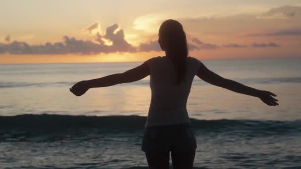 Vue de derrière, silhouette de femme regarde l'océan, le coucher du soleil et écarte les bras — Video