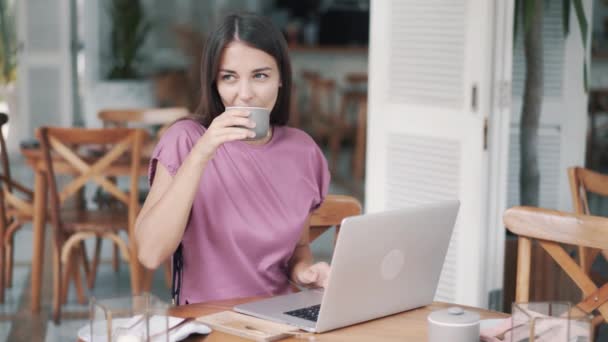 Gyönyörű fiatal nő szabadúszó iszik kávét, és használja laptop dolgozni kávézóban — Stock videók