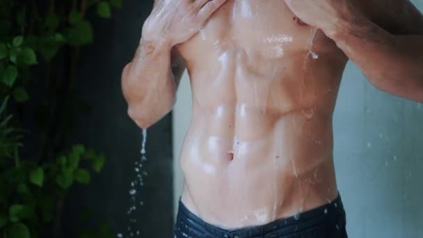 Close up of naked muscular torso of man taking shower in bathroom — Stock Video