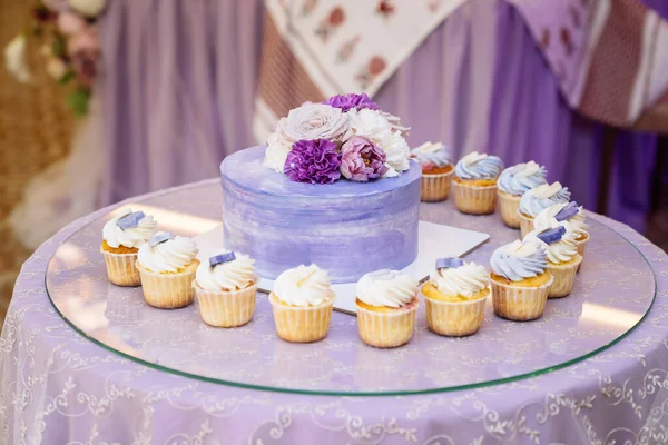 Una barra de caramelo. Mesa con dulces, buffet con cupcakes, dulces, postres —  Fotos de Stock