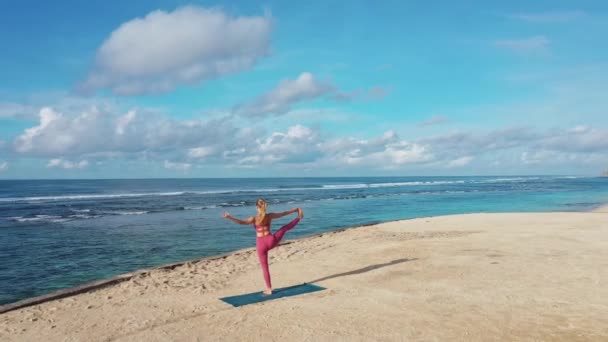 空中ビュー女性はヨガの演習を行い、海の景色とビーチで拡張します — ストック動画
