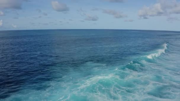Aerial view of blue ocean with beautiful foaming rolling waves at sunny day — Stock Video