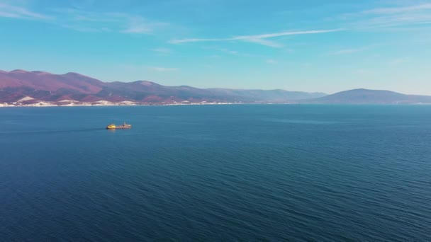 Denizdeki ultra büyük kargo gemisinin hava görüntüsü gün batımında limandan ayrılıyor. — Stok video
