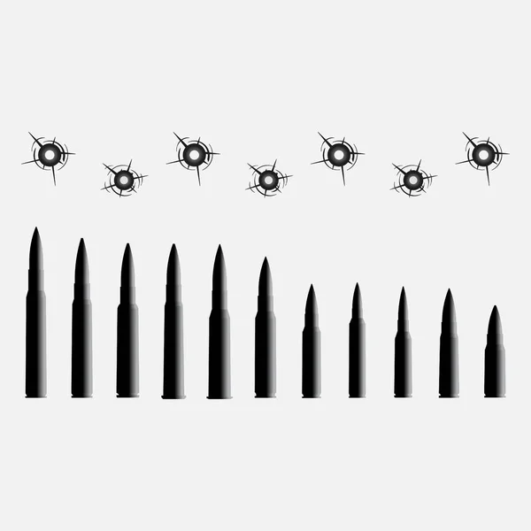 Iconos de balas de diferentes calibres, el agujero de bala — Vector de stock