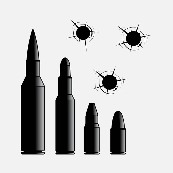 Icons of different caliber bullets, the bullet hole — Stock Vector