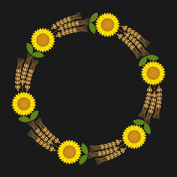Венок с подсолнухами и пшеницей, декоративный венок, символ — стоковый вектор