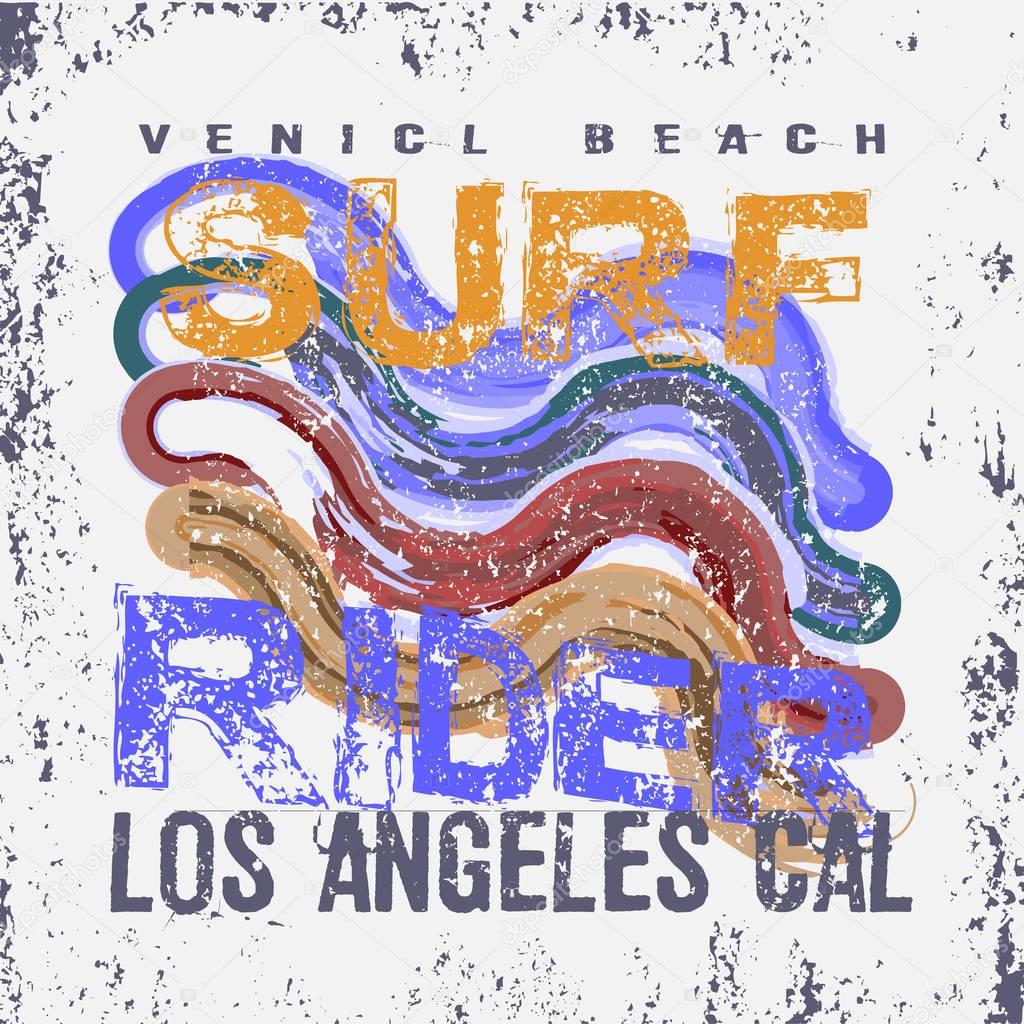 T-shirts surf rider, LA Beach, california surfing, granje texture T-shirt inscription, typography graphic design emblem
