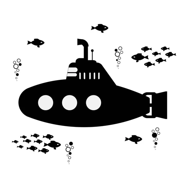 U-Boot mit Periskop, Fische und Blasen, Unterwasserboot — Stockvektor