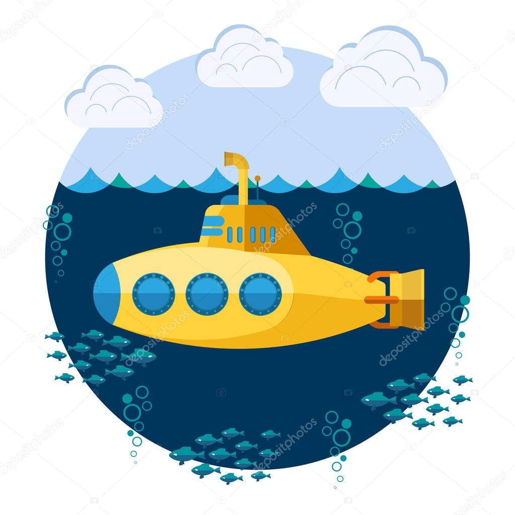 Submarine with periscope, fishes and bubbles,  underwater boat