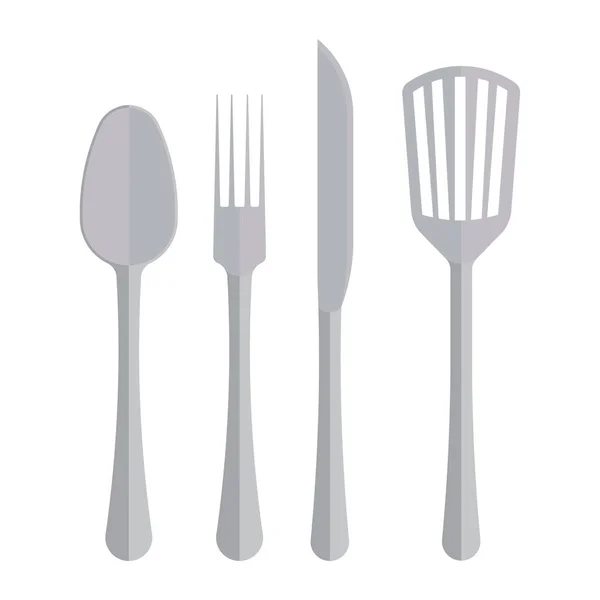 Set peralatan dapur, kekuatan pisau, garpu, sendok spatula, dekorasi ruang makan - Stok Vektor