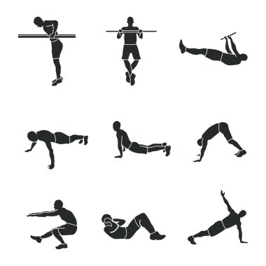 Spor egzersizleri, spor ikonları, atletlerin siluetleri.,