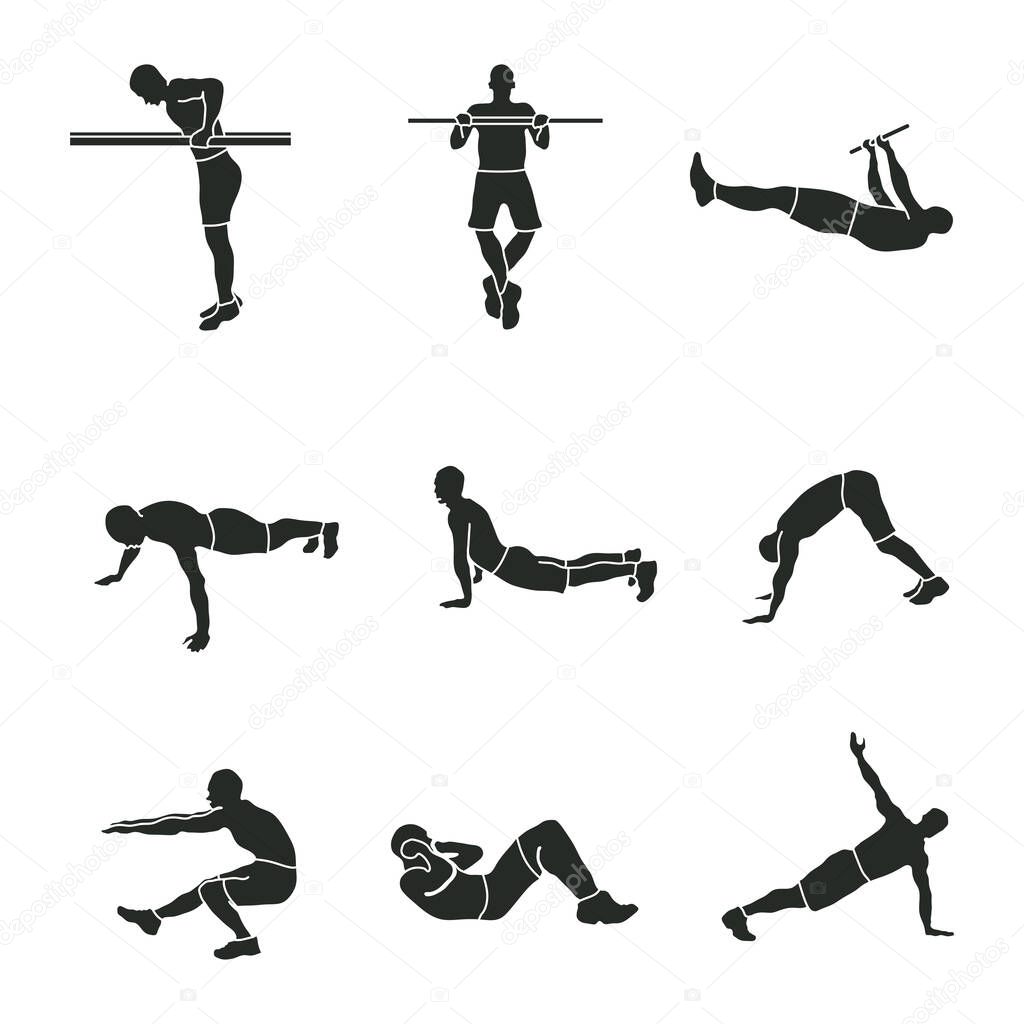 sports exercise, a set of sports icons, silhouettes of athletes,