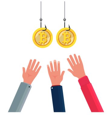 Kripto para kavramı, eller bitcoin 'lere çekilir, bitcoin' li takım, kripto para büyümesi, iş fikri, düz stil, tasarımın için fikir