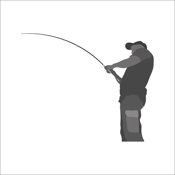 Pêcheur avec canne à pêche à la main, silhouette de pêcheur, pêche — Image vectorielle