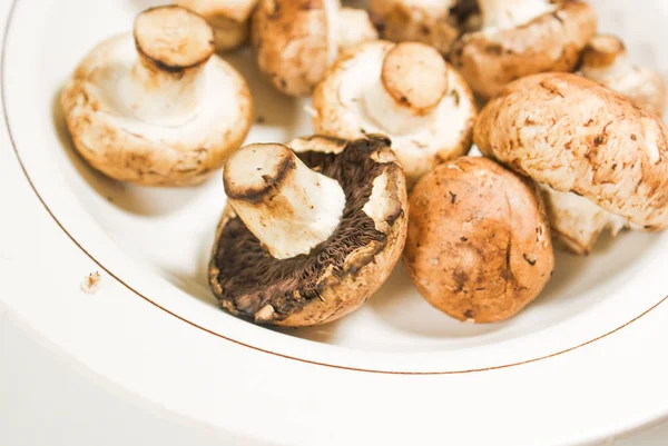 Fresh mushrooms on a white plate — Stock Photo, Image