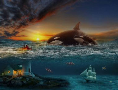 Katil bir balinanın bebeğiyle akşam yürüyüşü.