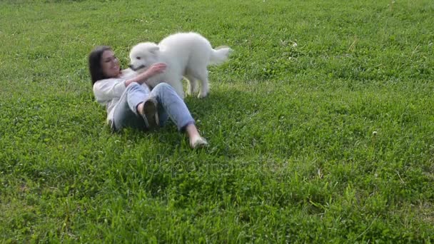 Kız köpekle oynuyor. — Stok video