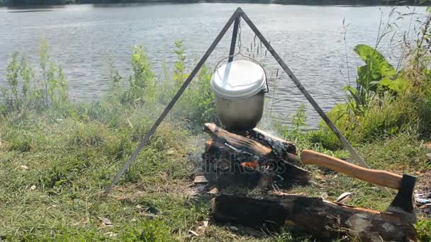 自然に停止時に火で行進火鉢 ピクニックの森の中で観光食品 野生でのハイキング — ストック動画