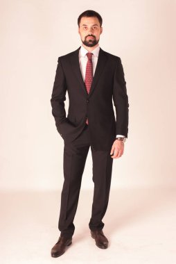 Zarafet ve stil. Smokin ve kırmızı kravat takan yakışıklı genç adam portresi.