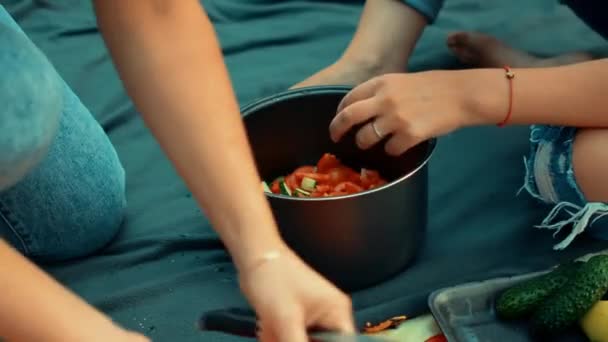 Le ragazze raccolgono l'insalata per un picnic. Giovani amici sorridenti cucinano la cena in cucina mentre tagliano le verdure. Cottura del cibo insieme . — Video Stock