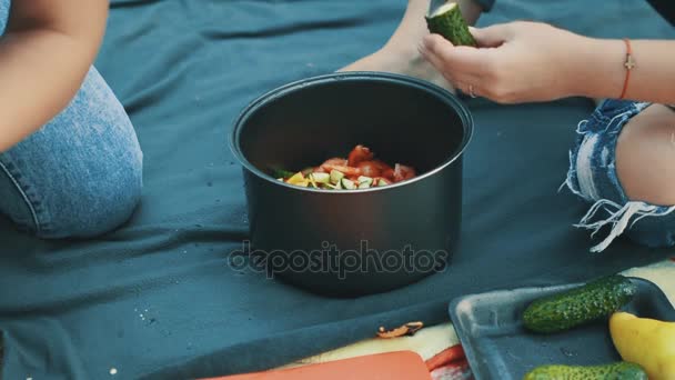 Girls harvest salad for a picnic. Young smiling friends cook dinner in kitchen while cut vegetables. Food cooking together. — Stock Video