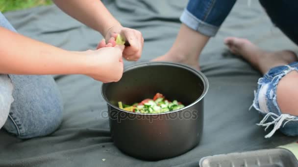 女の子は、ピクニックのためのサラダを収穫します。笑顔の若い友人は、カット野菜は、キッチンで夕食を作る。一緒に調理食品. — ストック動画