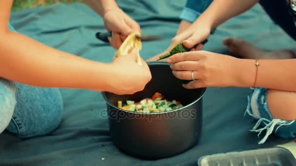 Meisjes oogst salade voor een picknick. Jonge lachende vrienden koken diner in keuken terwijl gesneden groenten. Voedsel koken samen. — Stockvideo