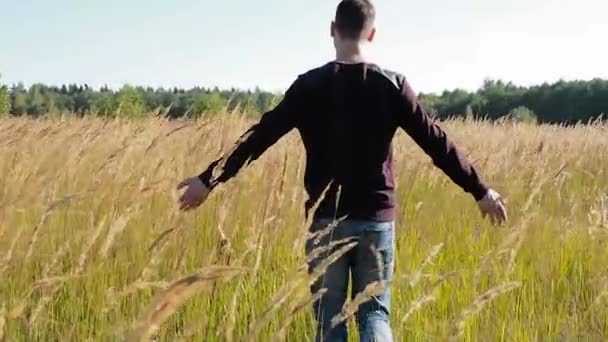 Молодой человек ходит и поднимает руки в поле — стоковое видео