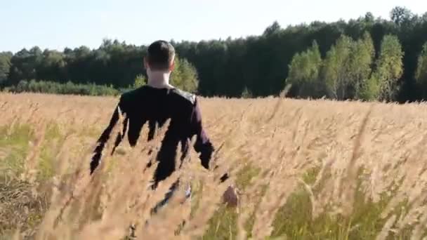 Jonge Man lopen en verhogen van handen in het veld — Stockvideo